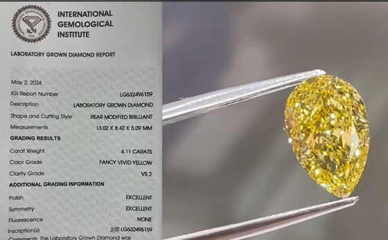 4CT CVD Jaune de laboratoire Diamant de taille adulte en forme de poire Fantastique Jaune vif Collier de bagues de diamant